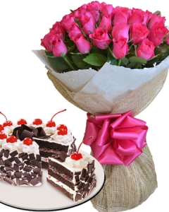 24 Pink Rose Bouquet with Black Forest Cake
