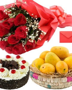 12 Red Roses Bouquet, Fresh Mango 10 PCS Basket, Black Forest Cakes 1/2 Kg and Card